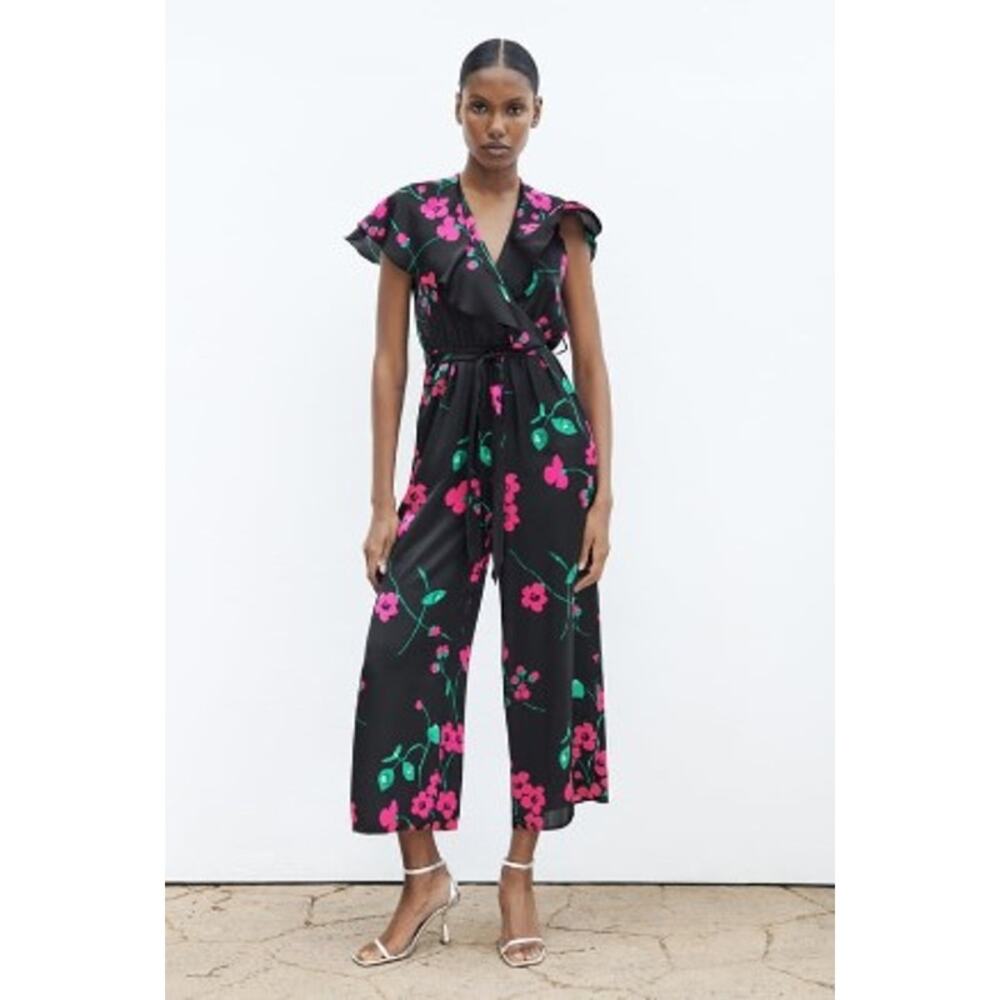 Zara Satin Effect Black & Pink Floral Jumpsuit Ruffle V-Neck Size Small